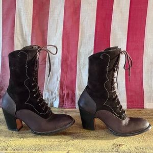 John Fluevog Monday Leather Boots Stacked Heel Western Brown, Size 8 US